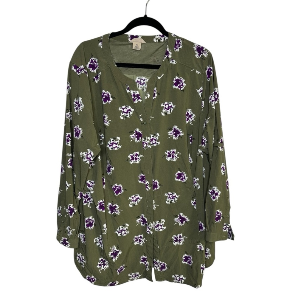 Duluth Trading Co Womens 2X Nylon Spandex Long‎ Sleeve Button Down Shirt Green
